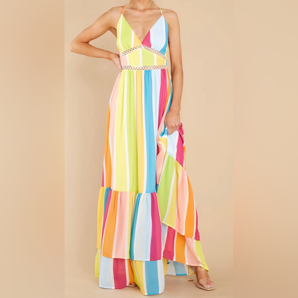 Ambition Yellow Multi Rainbow Print Maxi Dress - from Red Dress, size Small.